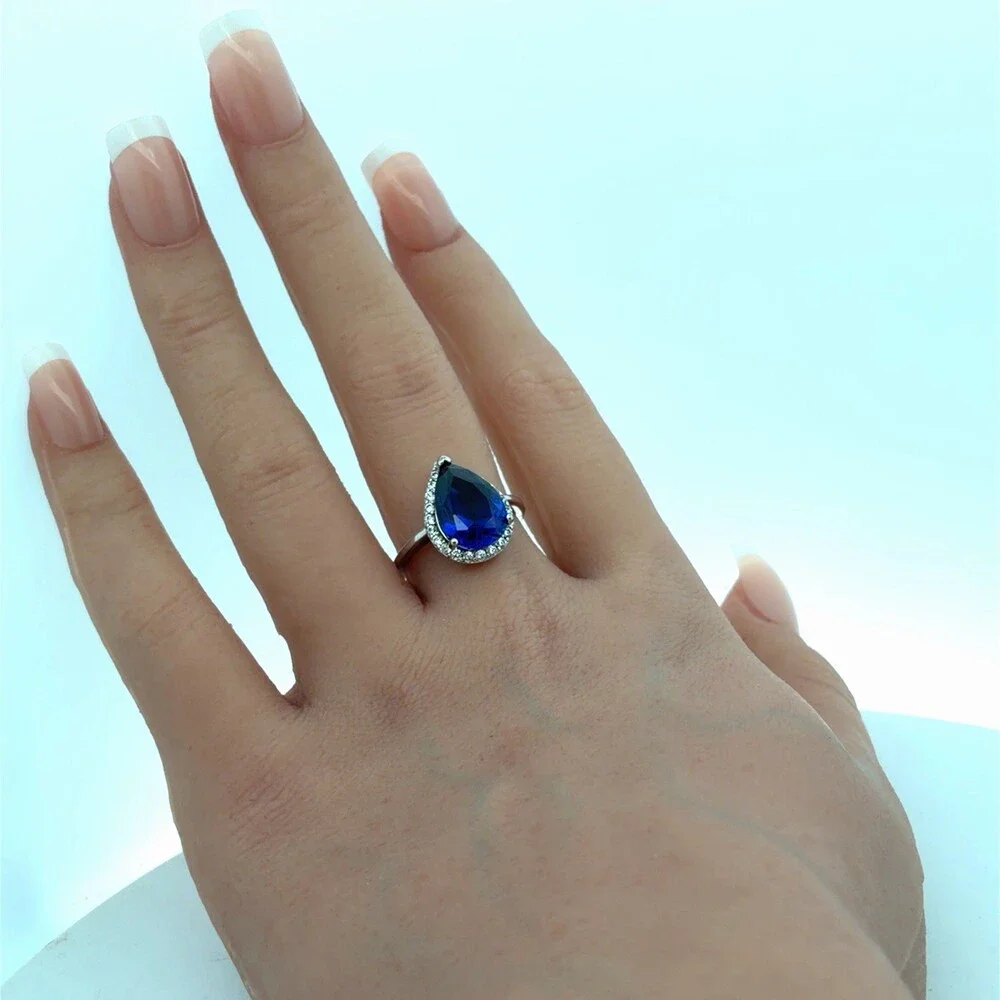 Designer PMJ 925 Sterling Silver Pear Blue Cubic Zirconia White CZ Halo Ring